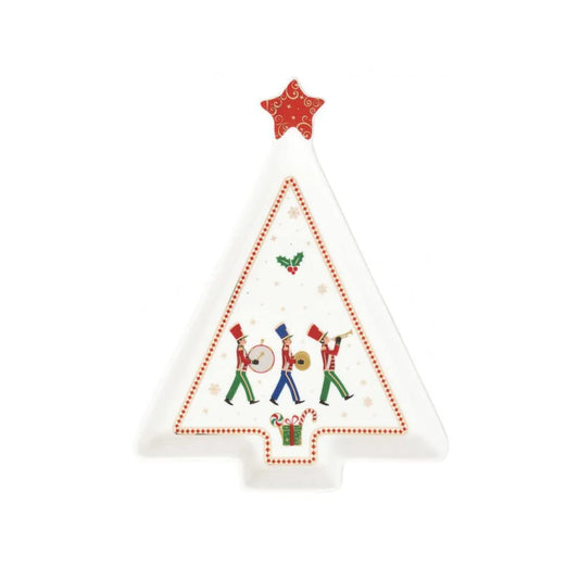 Easy Life piatto a forma di albero di Natale in porcellana bianca con decori rossi e banda musicale