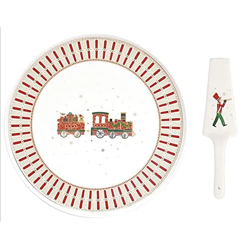 Easy Life piatto torta panettone natale porcellana bianca e rossa con trenino e addobbi