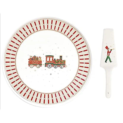 Easy Life piatto torta panettone natale porcellana bianca e rossa con trenino e addobbi
