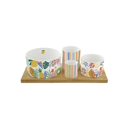 Easy Life Set Aperitivo 4 ciotole porcellana multicolore con vassoio bambù