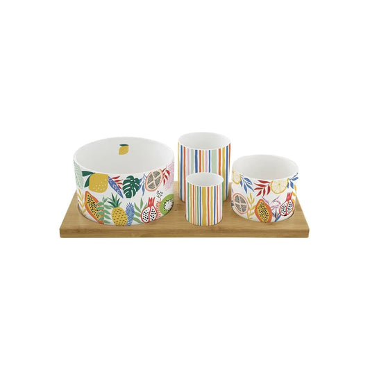Easy Life Set Aperitivo 4 ciotole porcellana multicolore con vassoio bambù