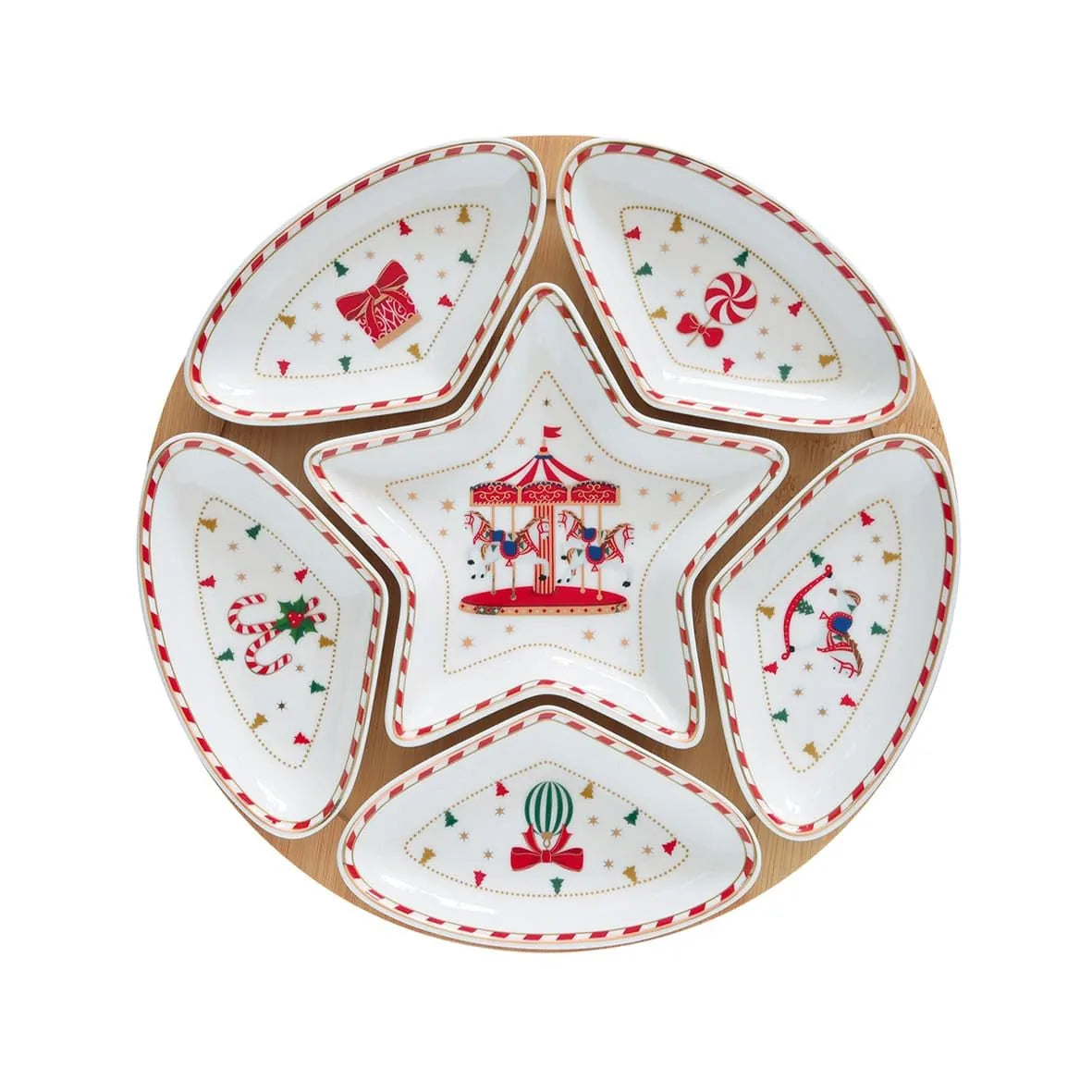 Easy Life set aperitivo 6 ciotole porcellana rosso bianco base bamboo natale