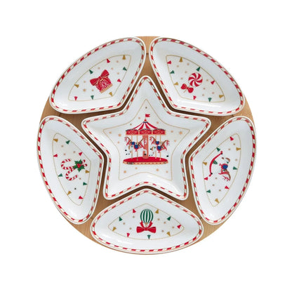Easy Life set aperitivo 6 ciotole porcellana rosso bianco base bamboo natale