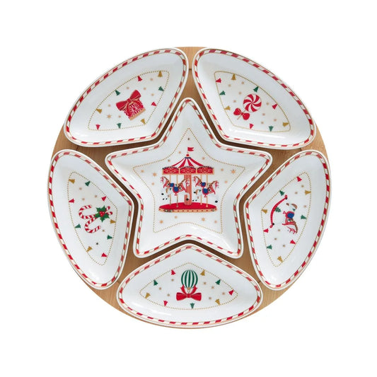 Easy Life set aperitivo 6 ciotole porcellana rosso bianco base bamboo natale
