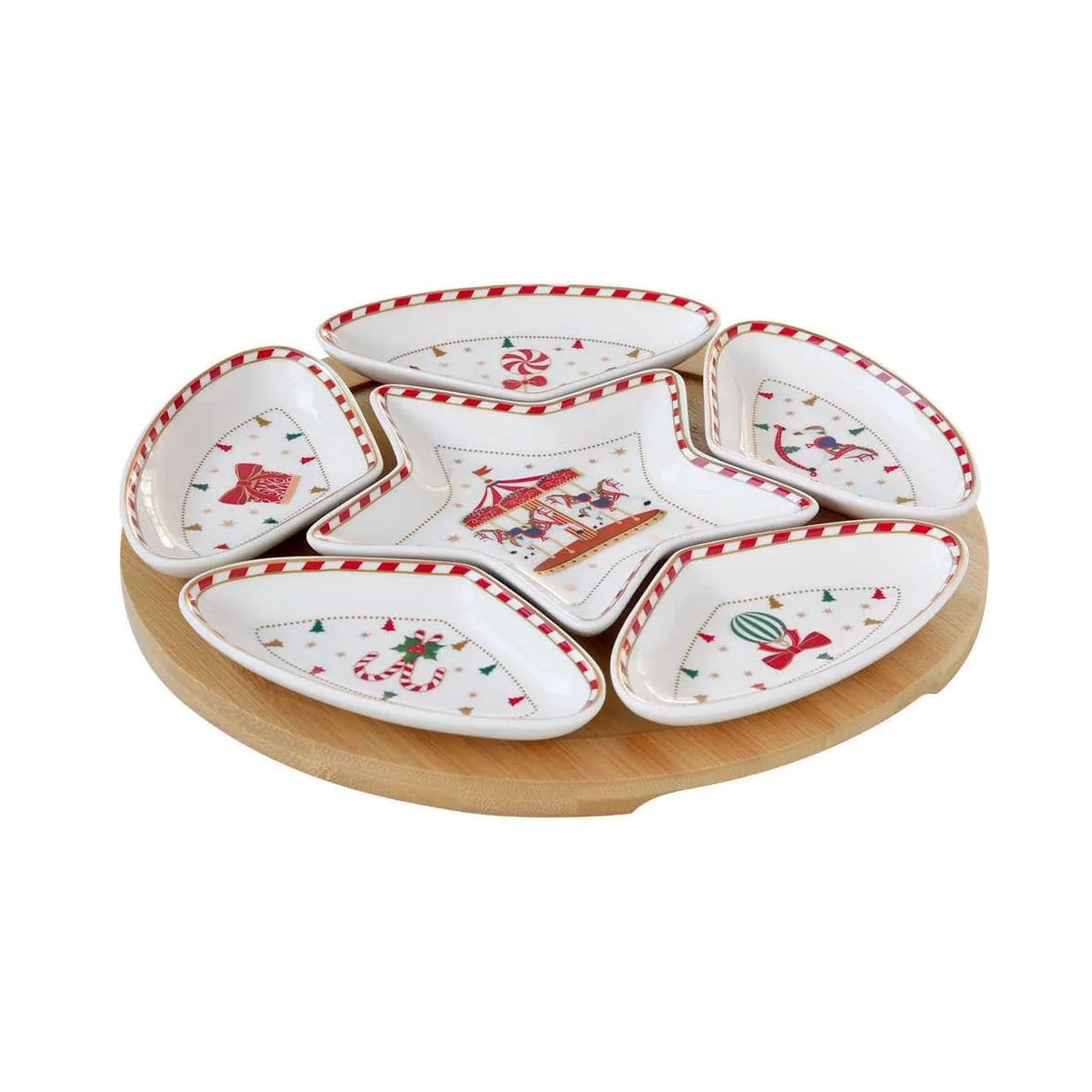 Easy Life set aperitivo 6 ciotole porcellana rosso bianco base bamboo natale