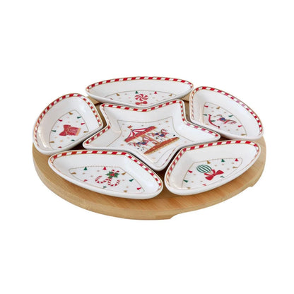 Easy Life set aperitivo 6 ciotole porcellana rosso bianco base bamboo natale