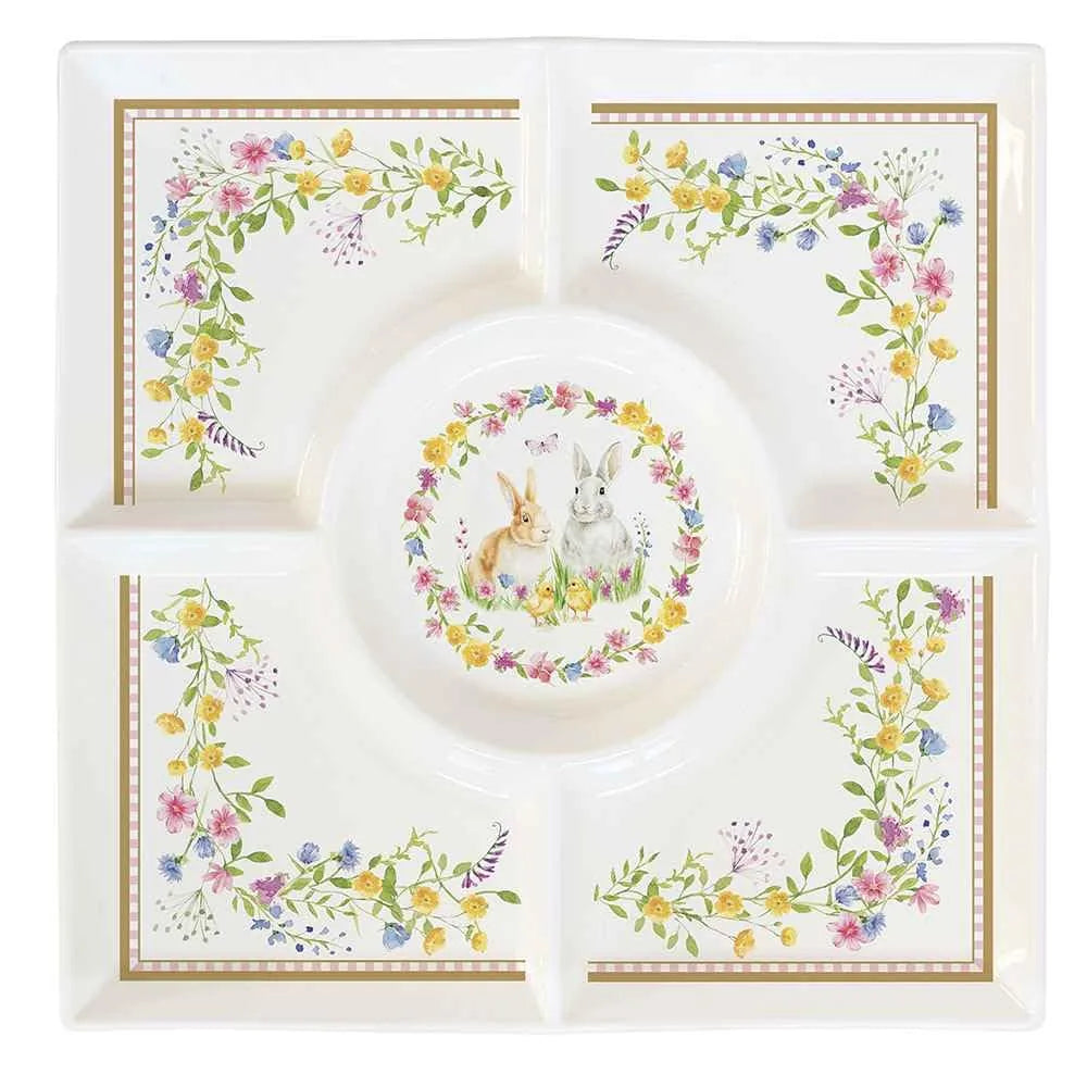 Easy Life vassoio quadrato porcellana Happy Easter conigli fiori 25x25 cm bianco