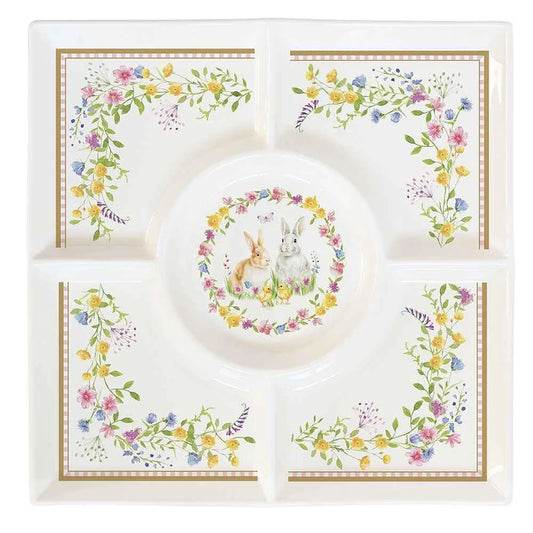Easy Life vassoio quadrato porcellana Happy Easter conigli fiori 25x25 cm bianco