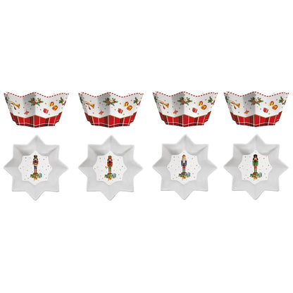 Easy Life set 4 ciotole natalizie a stella Vintage Nutcrackers in porcellana bianca con motivi schiaccianoci