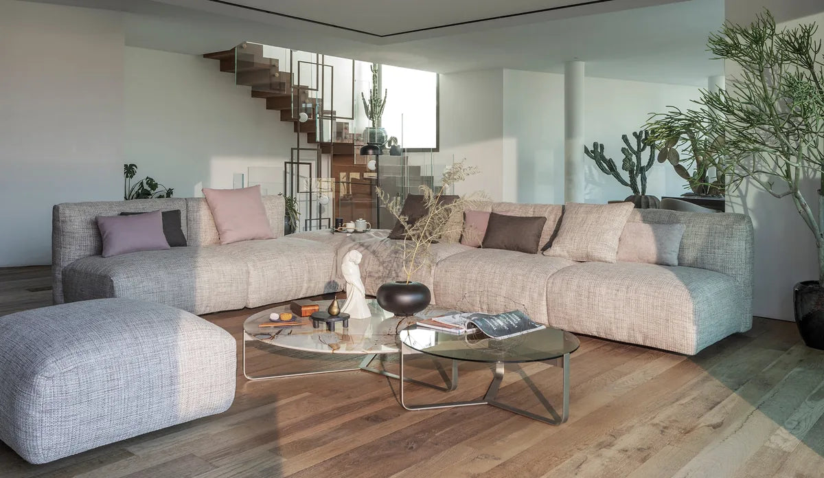 Flou Fiocco divano componibile modulare con sedute e chaise-longue - design Pinuccio Borgonovo