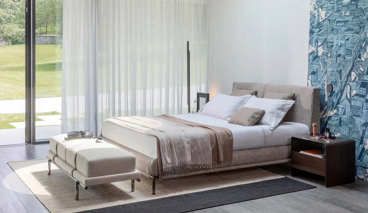 Flou Icon Matrimoniale - letto design in tessuto e pelle, testata imbottita - Stilmobili