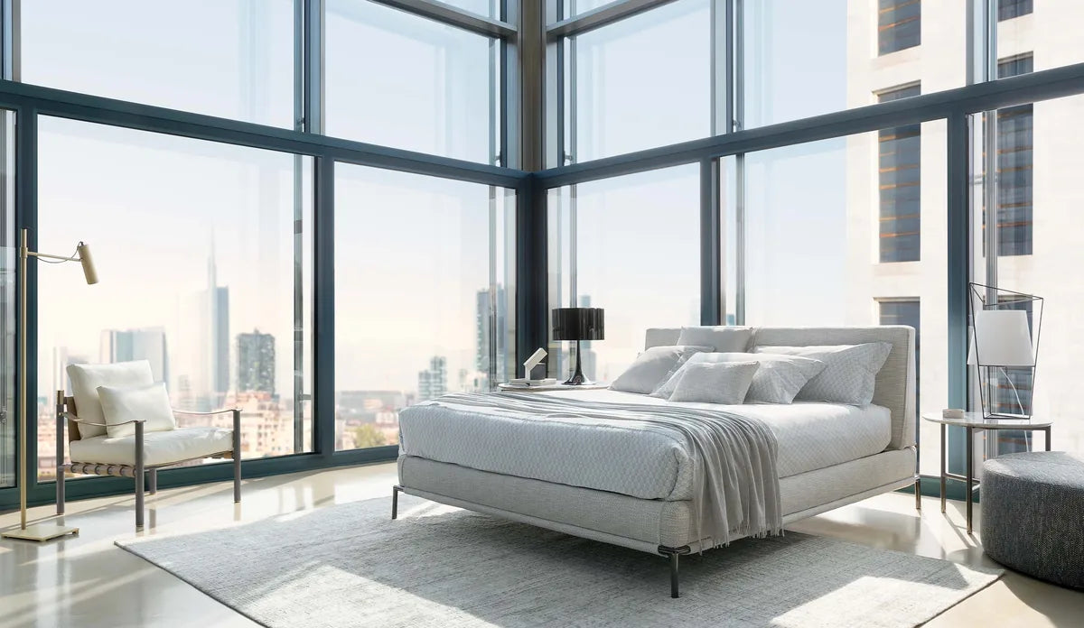 Flou Icon Matrimoniale - letto design in tessuto e pelle, testata imbottita - Stilmobili