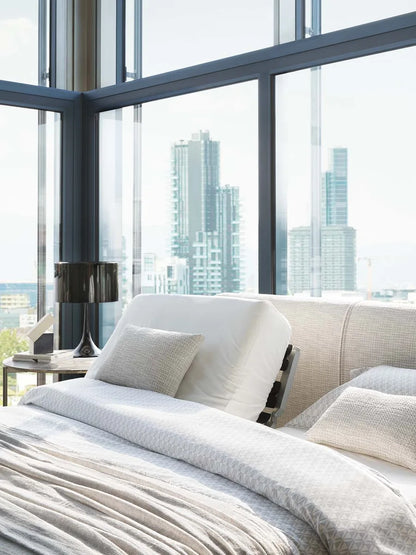 Flou Icon Matrimoniale - letto design in tessuto e pelle, testata imbottita - Stilmobili