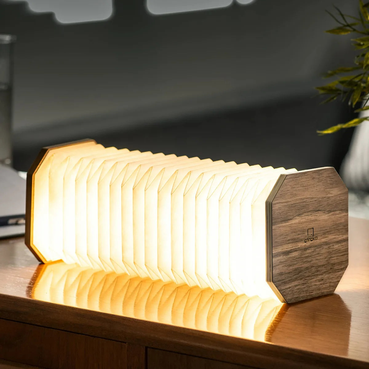 Gingko Smart Accordion lampada a fisarmonica in legno noce nero con LED bicolore