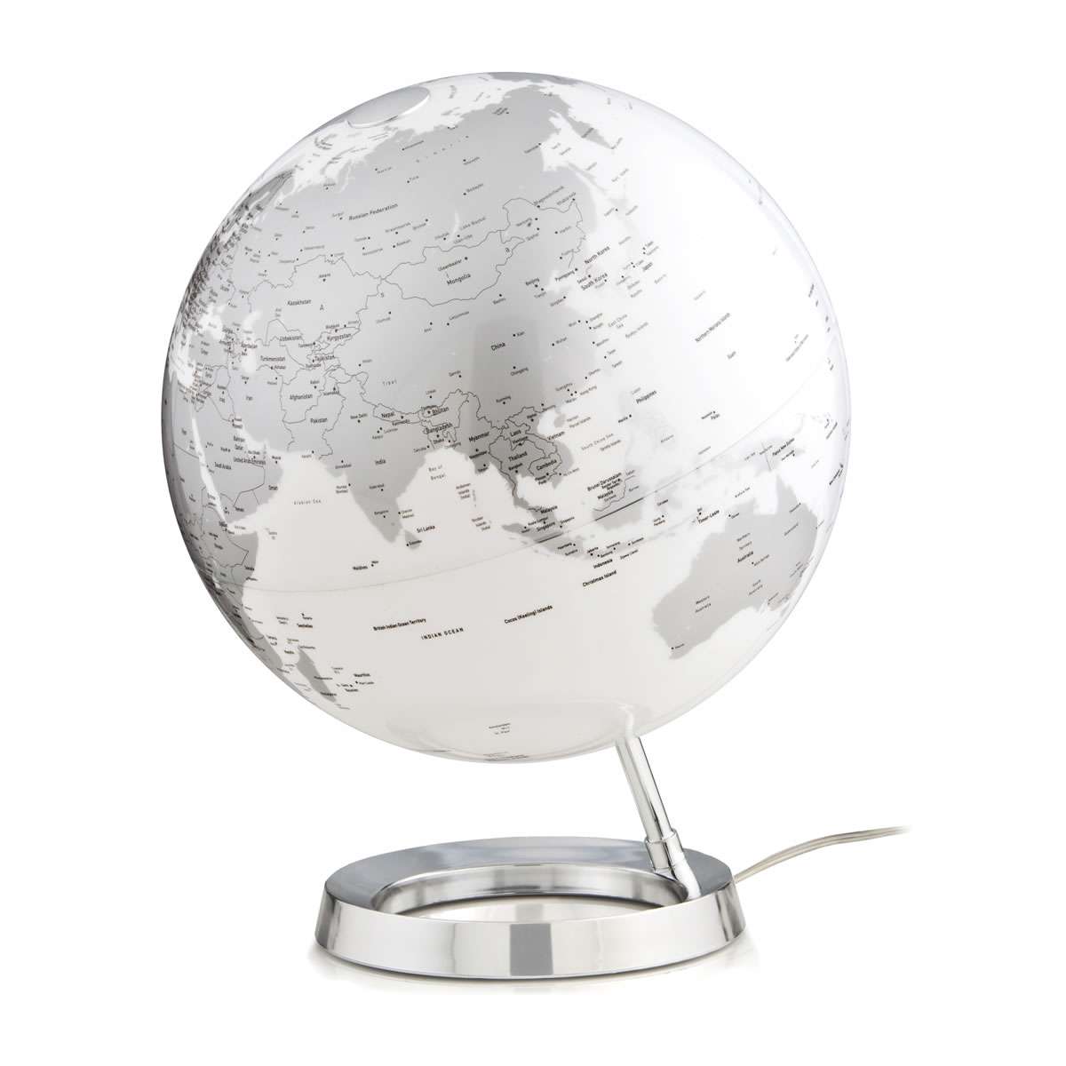 Atmosphere Light & Colour Metal Chrome — lampada mappamondo finitura cromata su base argento