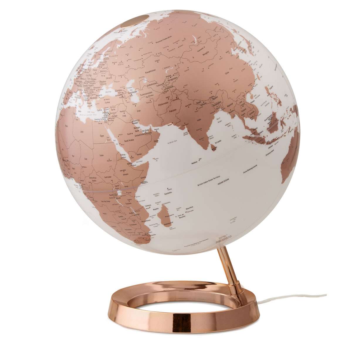 Atmosphere Light & Colour Metal Copper — lampada mappamondo rame lucido su base abbinata