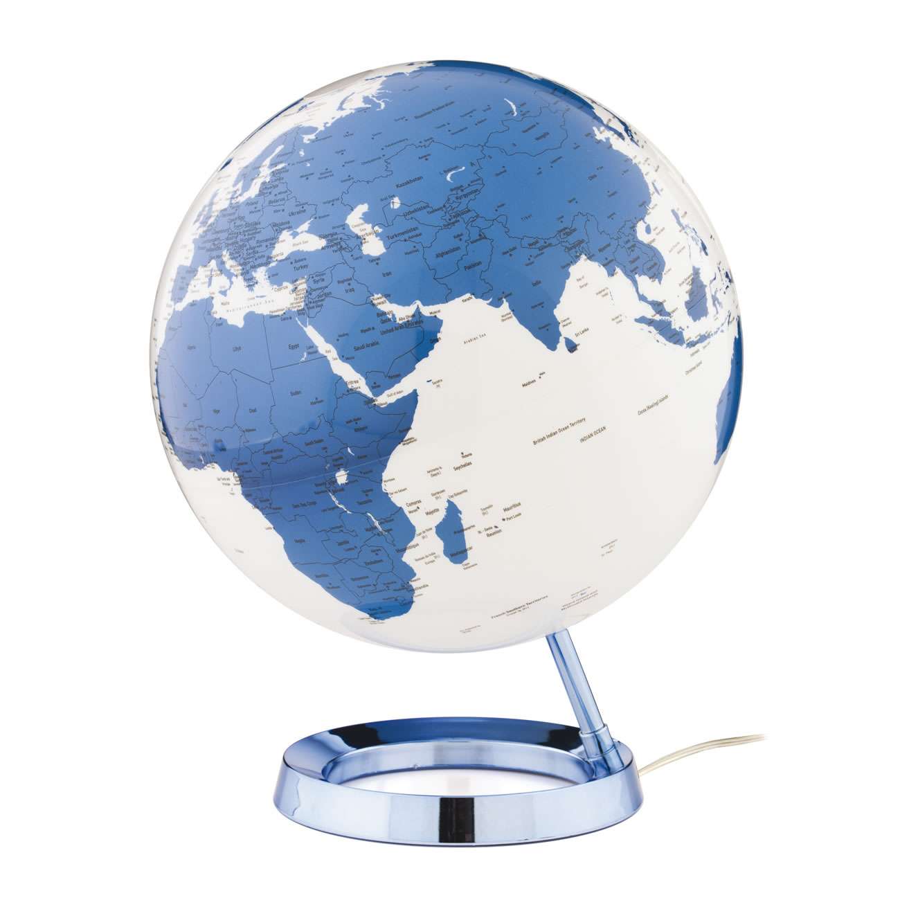 Atmosphere Light & Colour Hot Blue — lampada mappamondo blu vivace su base abbinata