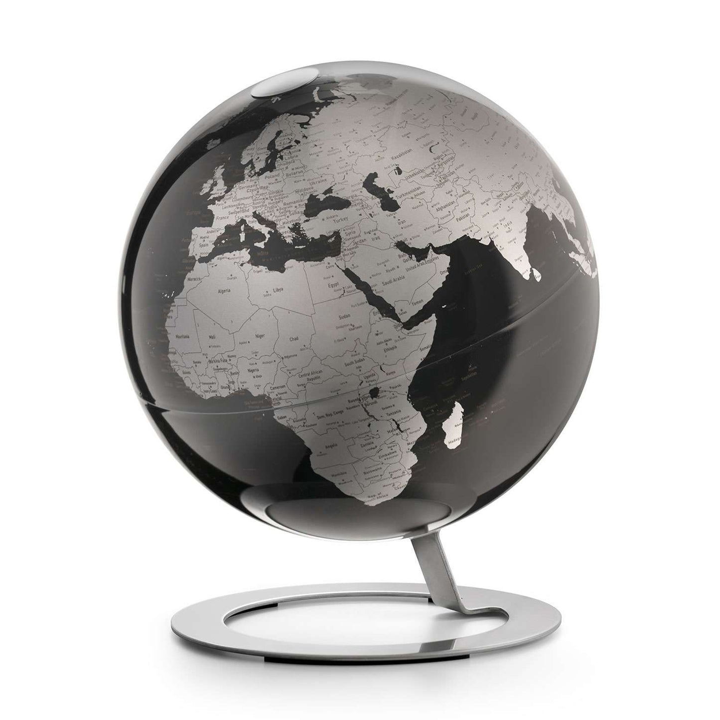 Atmosphere iGlobe Black — mappamondo decorativo nero con cartografia silver, base ellittica in acciaio inox