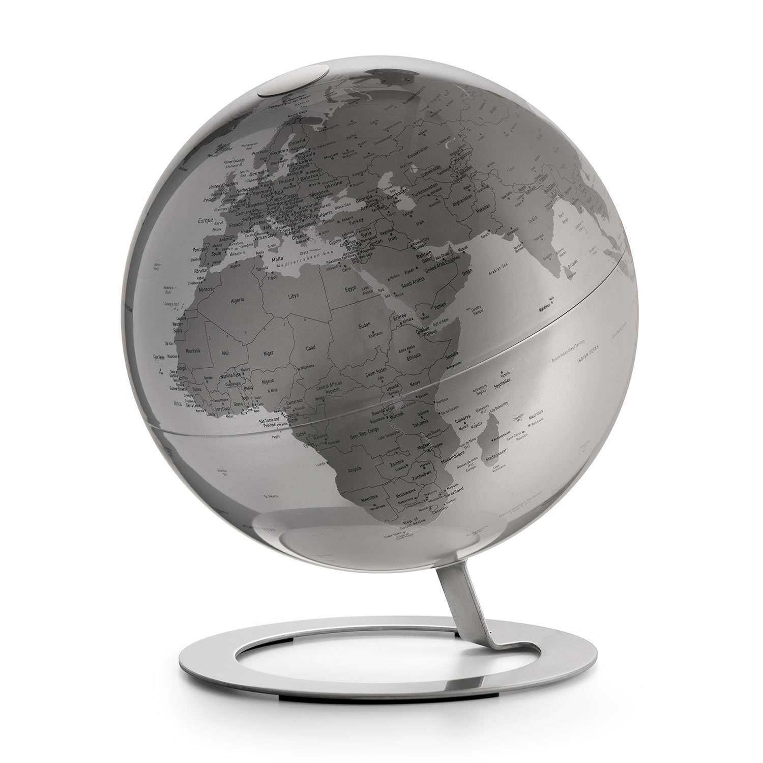 Atmosphere iGlobe — sfera geografica Ø 25 cm su base in acciaio satinato, design minimalista scandinavo