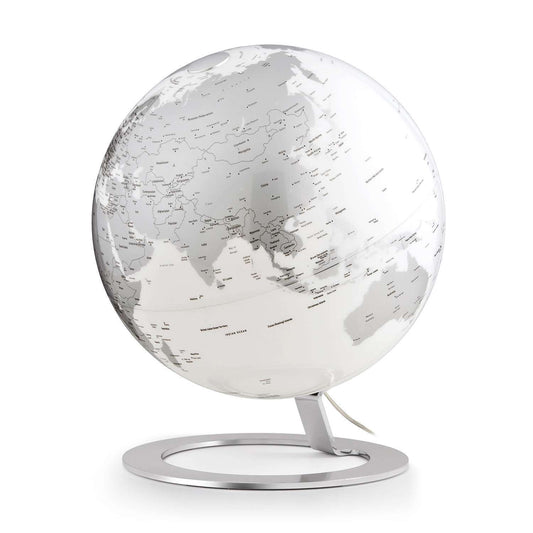 Atmosphere iGlobe Light — lampada mappamondo LED su base ellittica in acciaio inox, sfera bianca luminosa