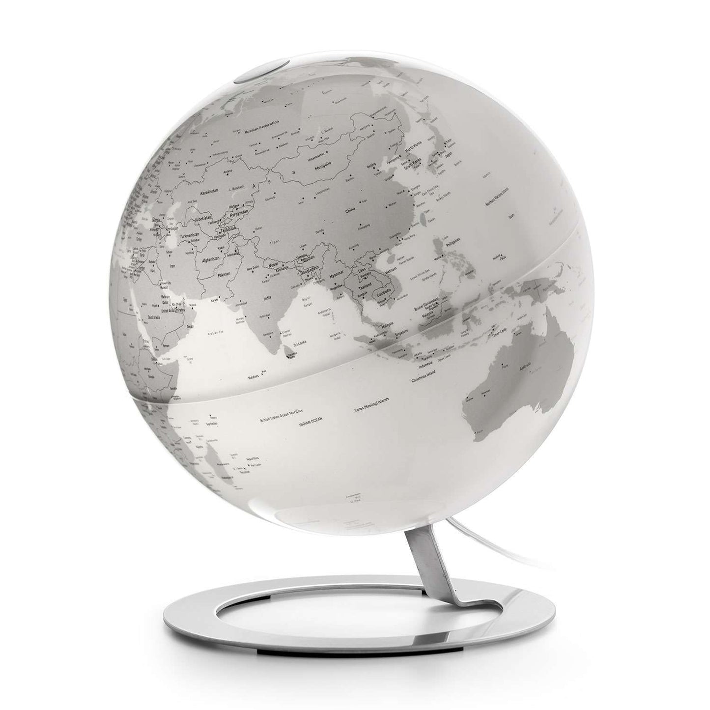 Atmosphere iGlobe Light — sfera illuminata Ø 25 cm con cartografia geografica grigia su base cromata