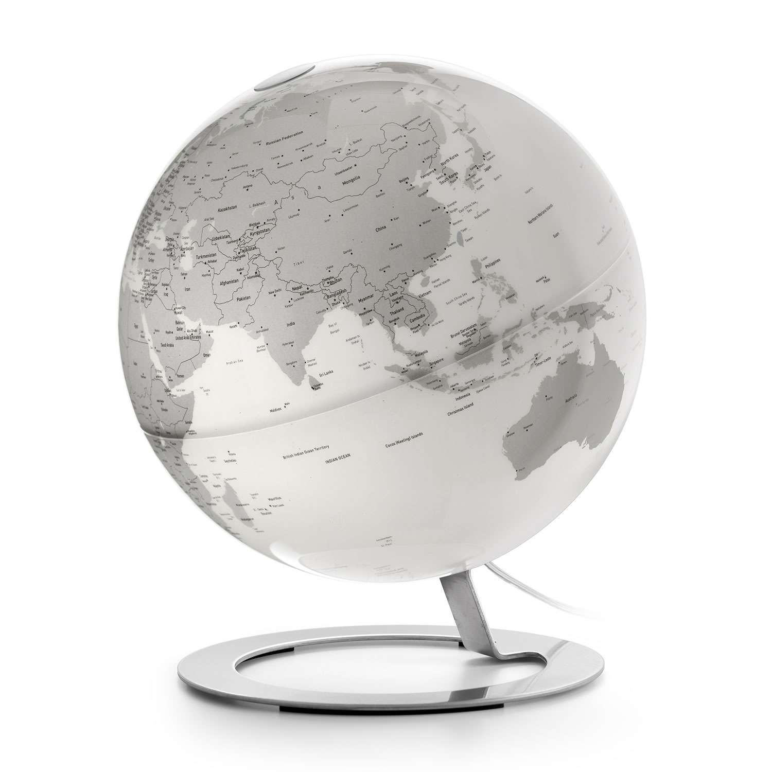 Atmosphere iGlobe Light Chrome — sfera con cartografia, vista laterale