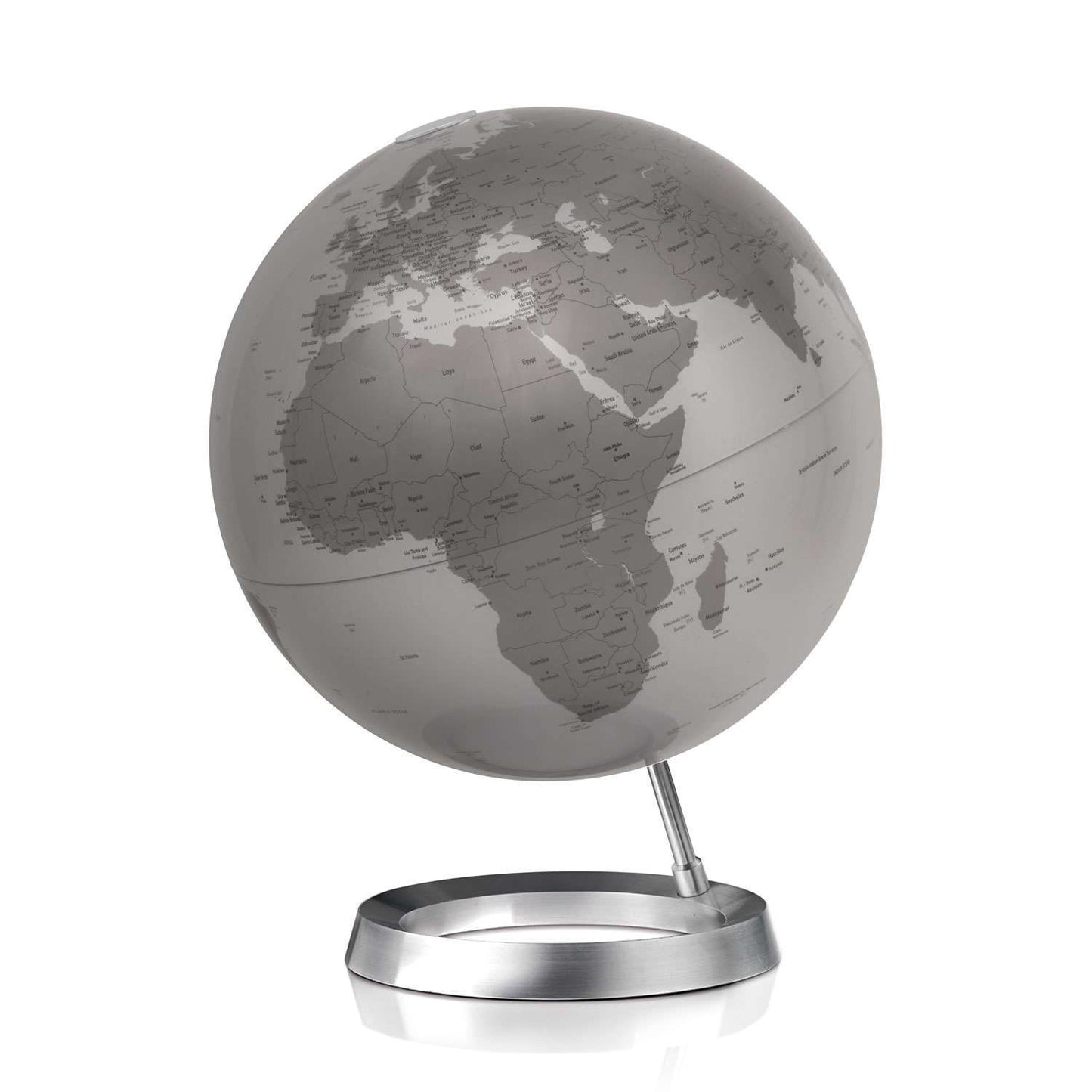Atmosphere Full Circle Vision — sfera con cartografia politica bicolor su base ellittica in alluminio lucido
