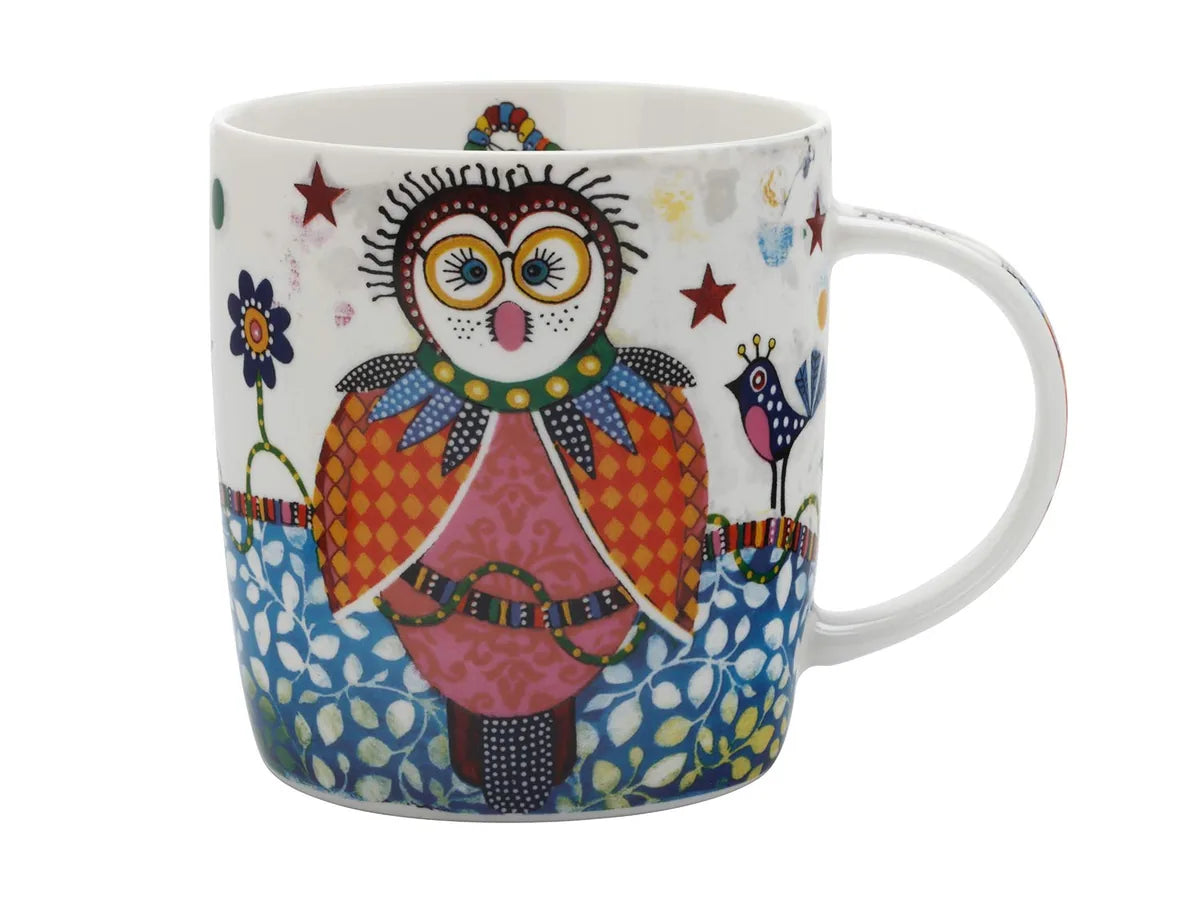 Maxwell & Williams tazza Betsy in porcellana con gufo boobook colorato e foglie in stile stencil