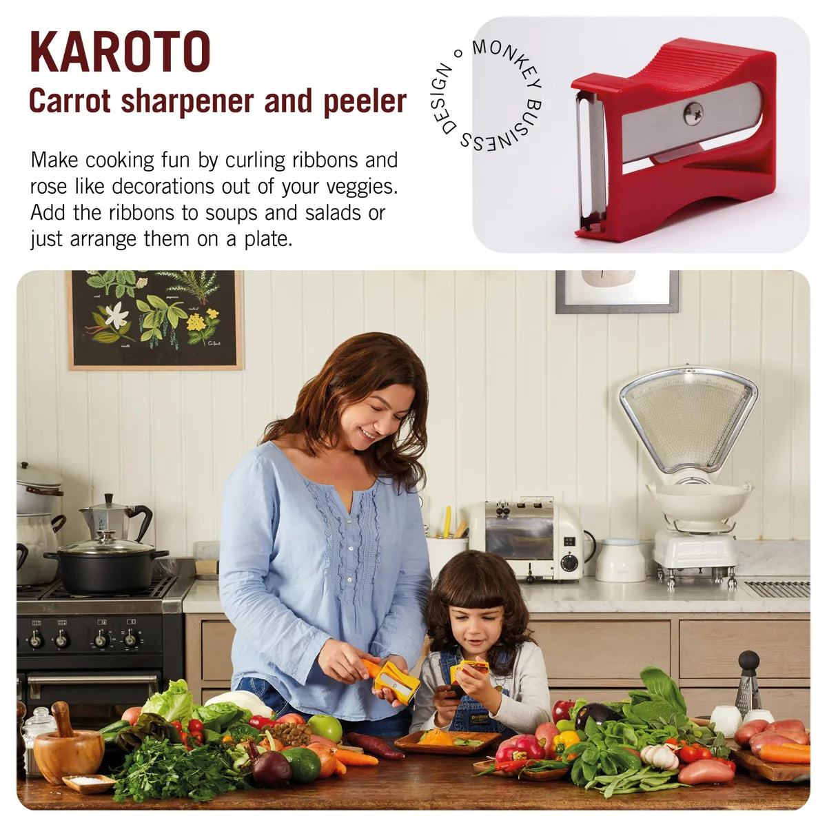 Monkey Business Pelaverdure rosso - utensile decorativo per verdure, design colorato per cucina