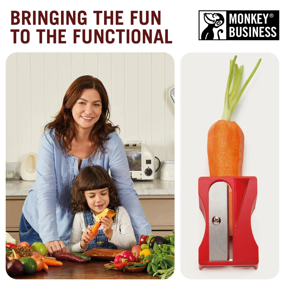 Monkey Business Pelaverdure rosso - utensile decorativo per verdure, design colorato per cucina
