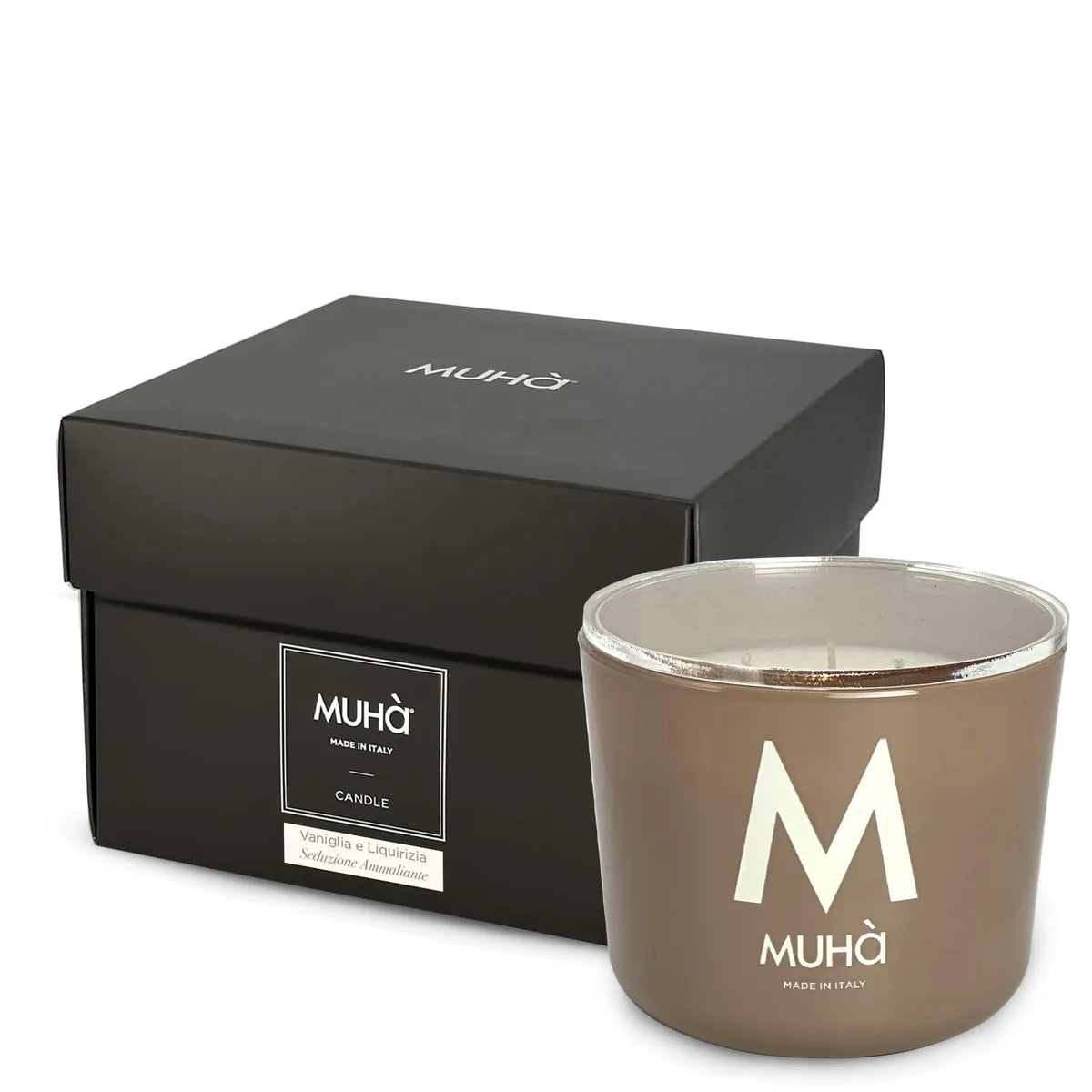 Muhà candela profumata in vetro cuoio Vaniglia e Liquirizia 500gr artigianale
