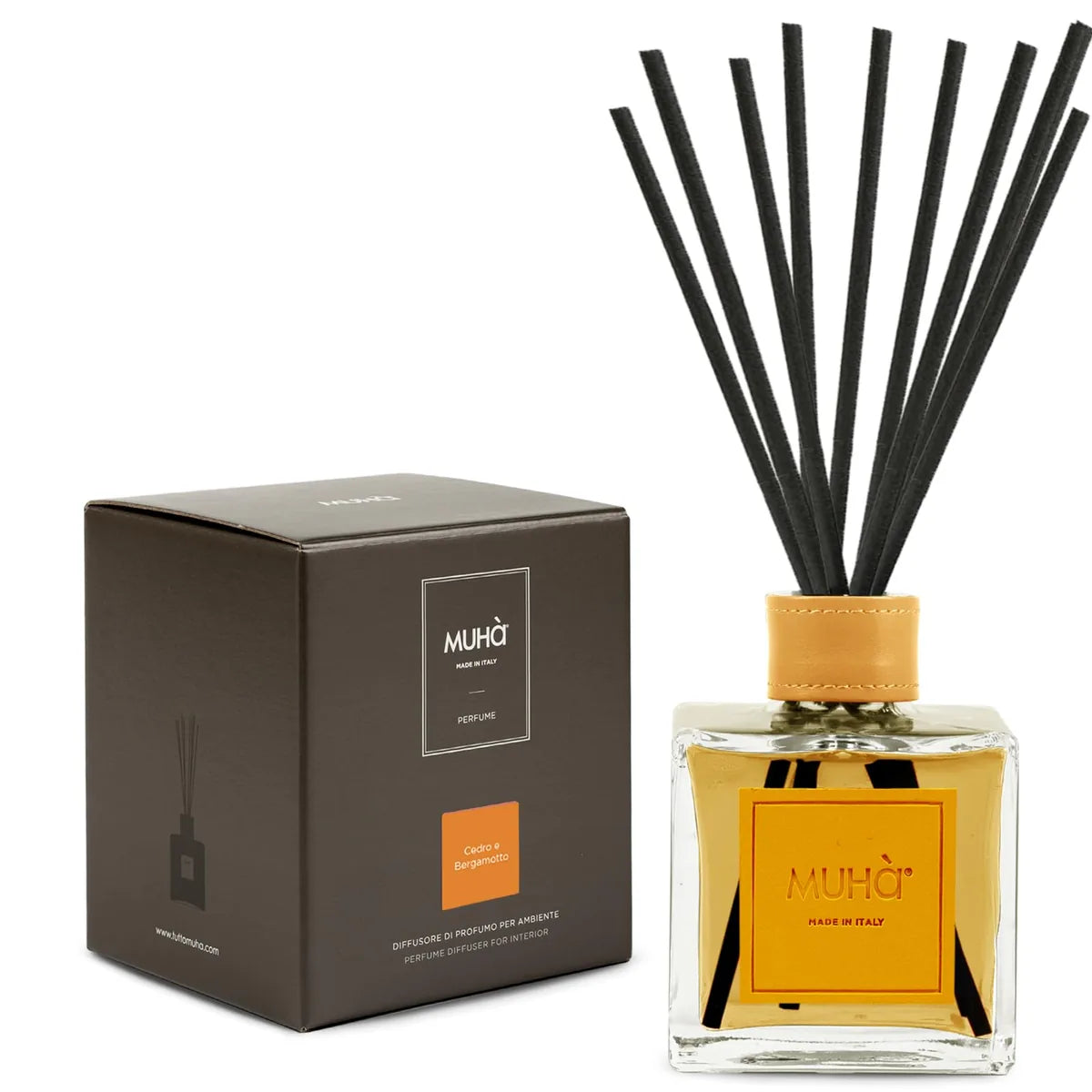 Muhà diffusore profumo ambiente in vetro con bastoncini, fragranza cedro bergamotto, design geometrico lineare