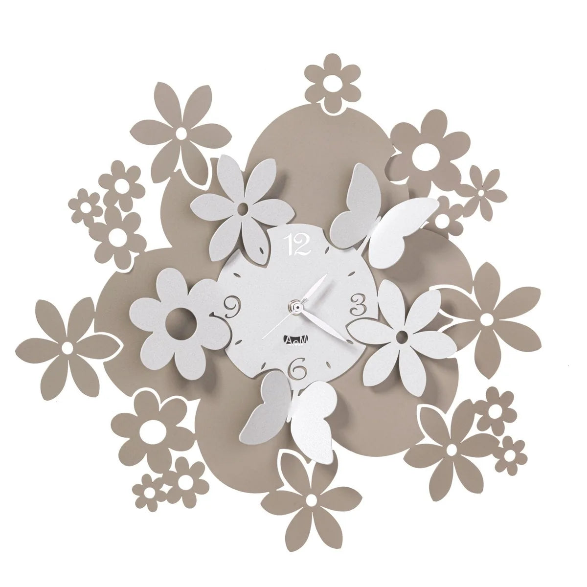 Arti & Mestieri Orologio da parete Daisy ferro con fiori decorativi e farfalle, disponibile in Avorio Bianco Marmo