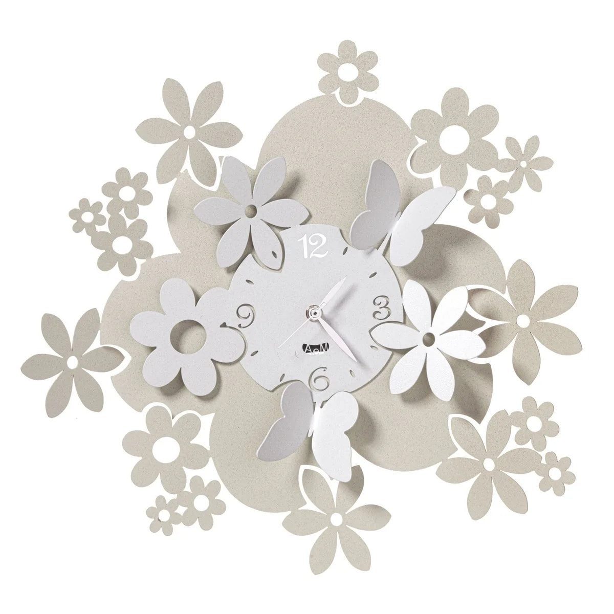 Arti & Mestieri Orologio da parete Daisy ferro con fiori decorativi e farfalle, disponibile in Avorio Bianco Marmo
