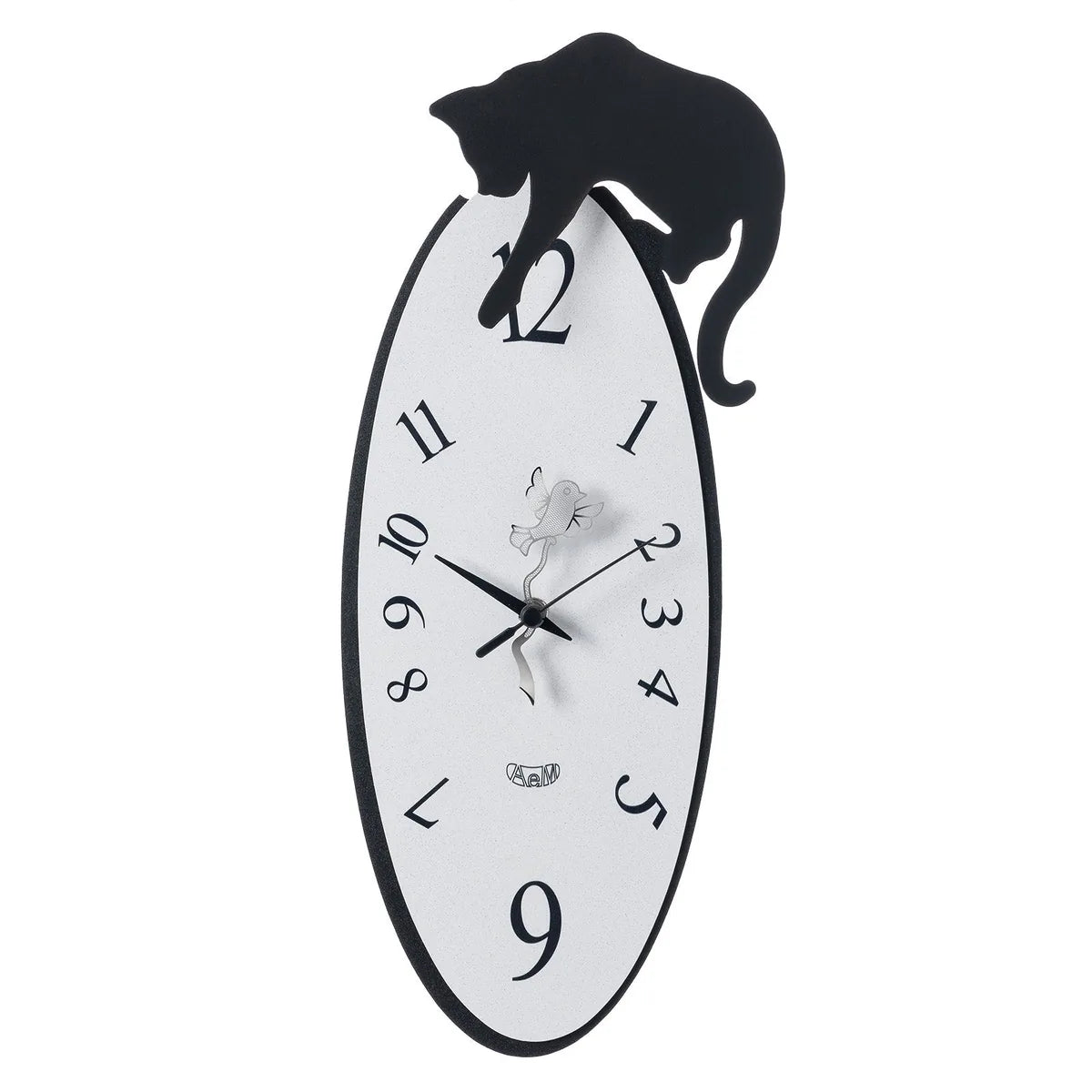 Arti & Mestieri orologio da parete Tommy nero design ovale gatto uccellino alluminio