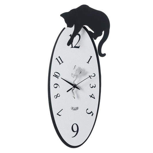 Arti & Mestieri orologio da parete Tommy nero design ovale gatto uccellino alluminio