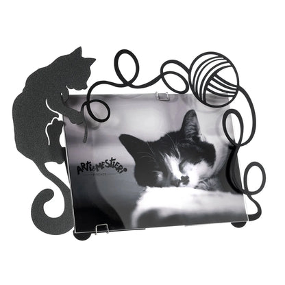 Arti & Mestieri portafoto design Gatto Gomitolo ferro nero 20x15 cm
