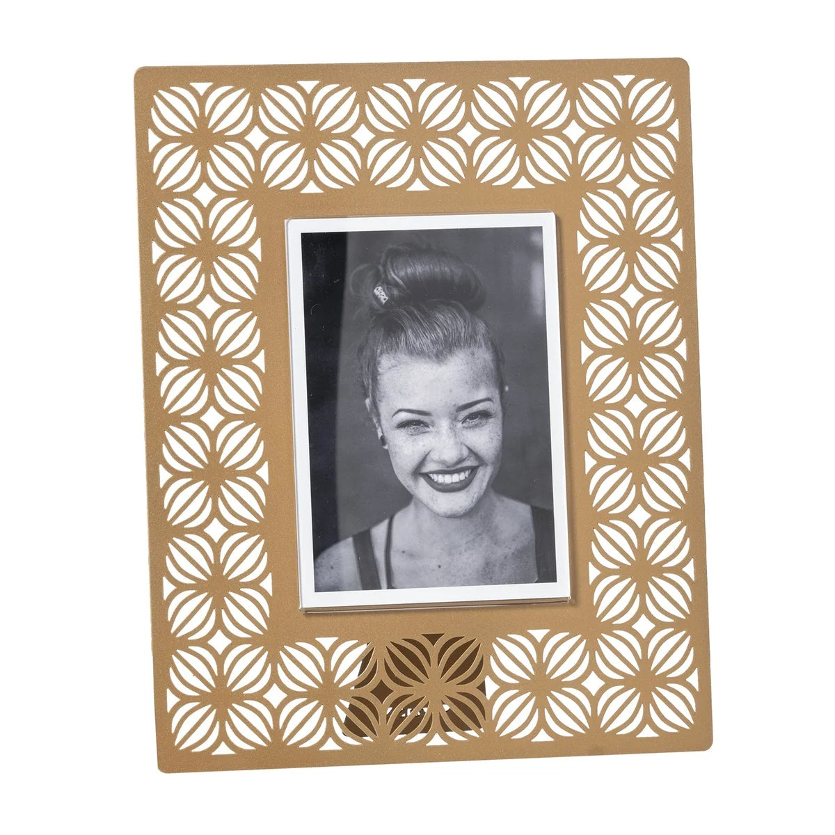 Arti & Mestieri Portafoto Ikat Grande in ferro, disegni traforati, disponibile in Oro laccato, Sabbia, Nero e Bianco marmo