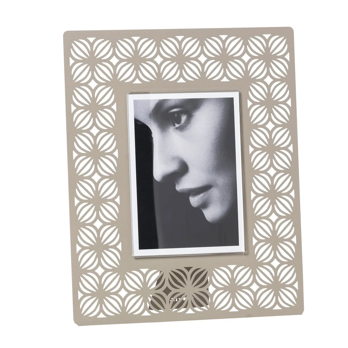 Arti & Mestieri Portafoto Ikat Grande in ferro, disegni traforati, disponibile in Oro laccato, Sabbia, Nero e Bianco marmo