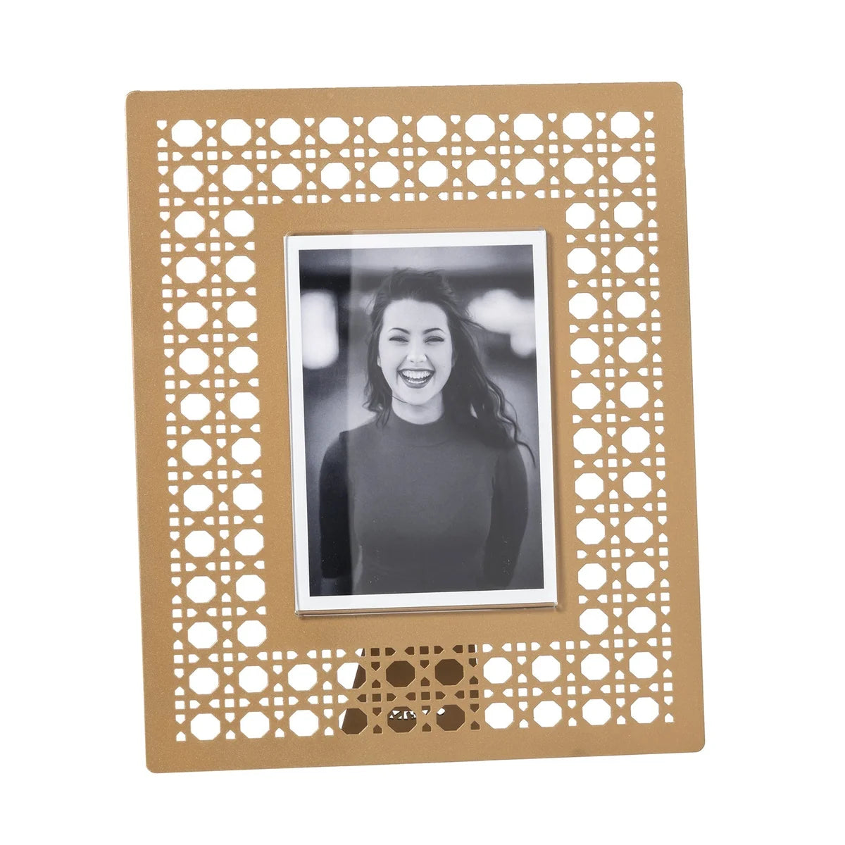 Arti & Mestieri Portafoto Vienna Grande in ferro nero, bianco marmo, oro laccato e sabbia - 25,8x31 cm