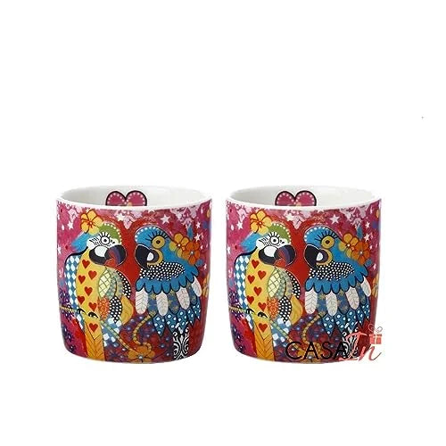 Maxwell & Williams set 2 tazze caffè porcellana Love Hearts Araras con pappagalli e cuori rossi
