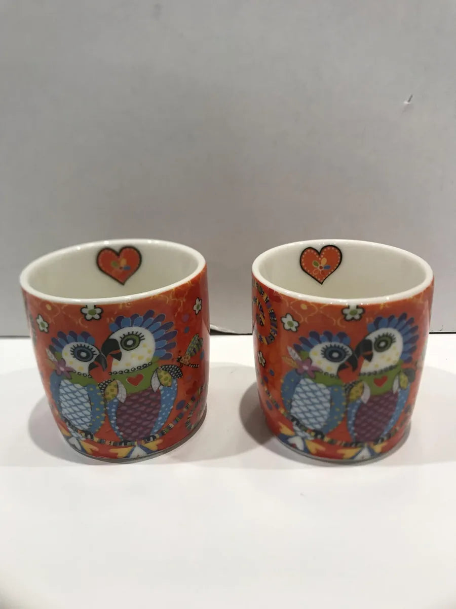Maxwell & Williams set 2 tazze caffè porcellana Love Hearts Club con pappagalli e cuori rossi