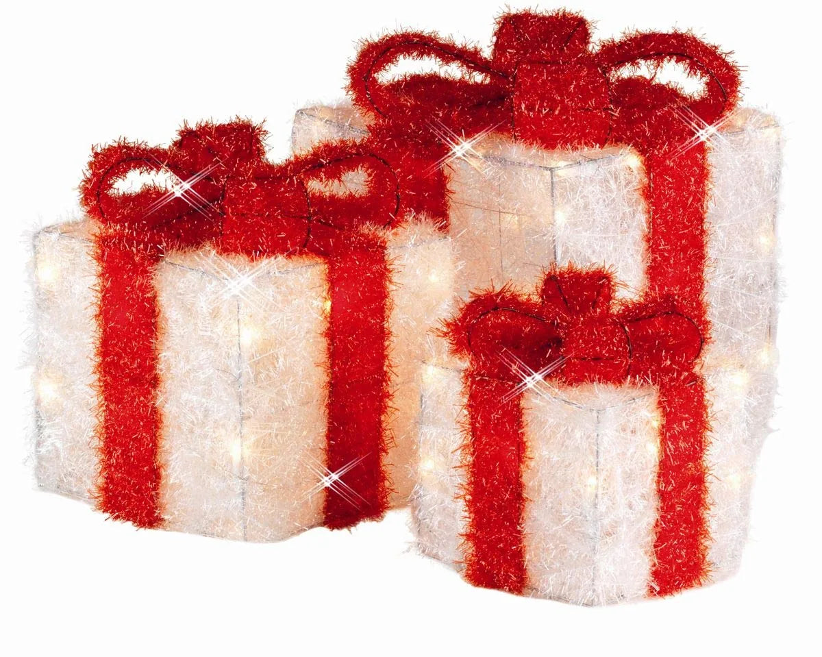 Kaemingk Set 3 Pacchi Regalo Luminosi rossi con fiocco e luci LED bianco caldo