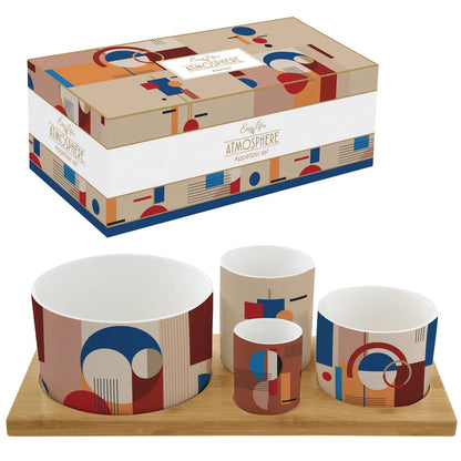 Easy Life Set Aperitivo 4 ciotole porcellana multicolore su vassoio bambou