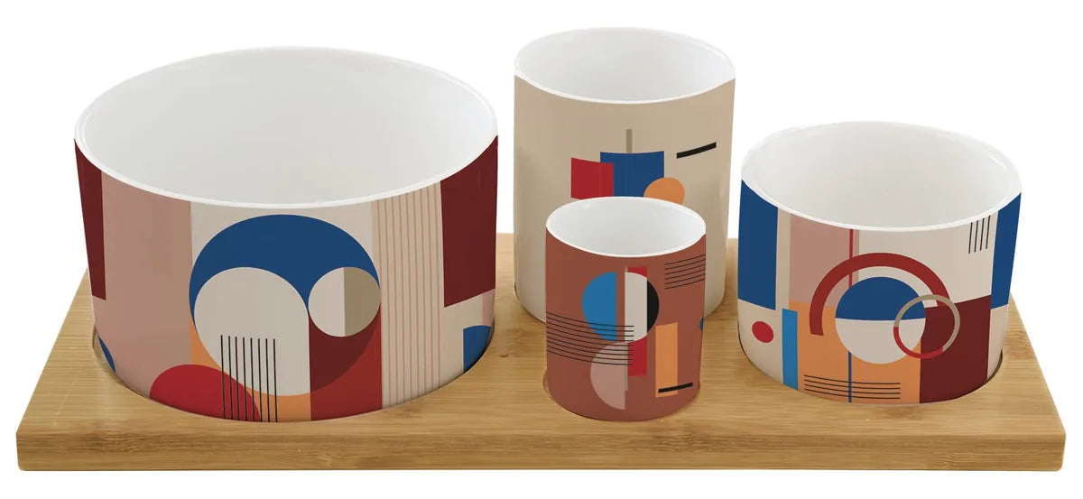 Easy Life Set Aperitivo 4 ciotole porcellana multicolore su vassoio bambou