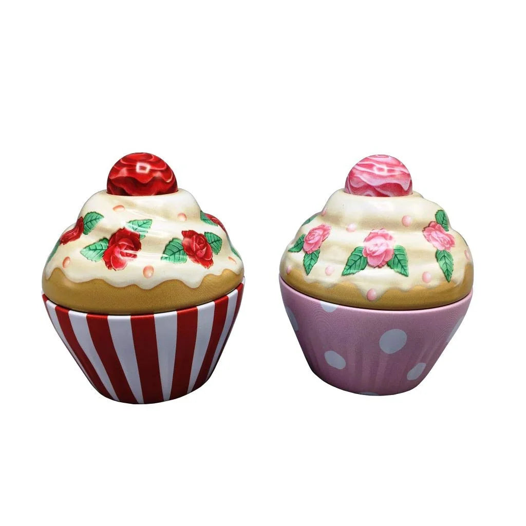 stylebox Set 2 Barattoli Latta Cupcake Rosso Bianco Rosa Coperchio Rose 8x8cm