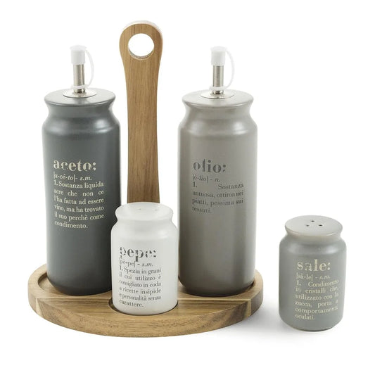 Villa d'Este Home Tivoli Set Condimento Victionary gres multicolor con stand bamboo