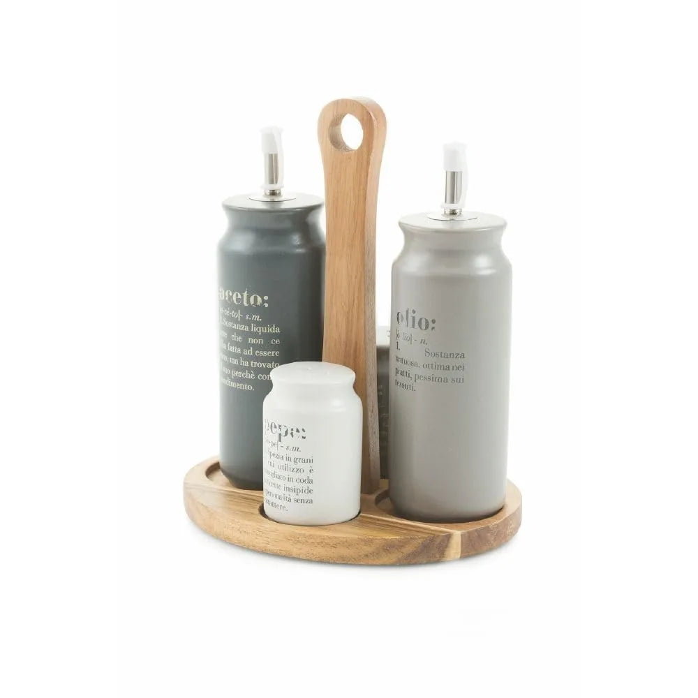 Villa d'Este Home Tivoli Set Condimento Victionary gres multicolor con stand bamboo
