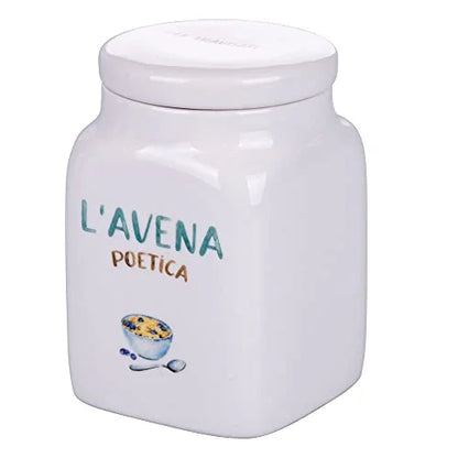 Villa d'Este Home Tivoli Barattolo Avena Le Travisate in new bone china bianco con scritte acquamarina, 750ml