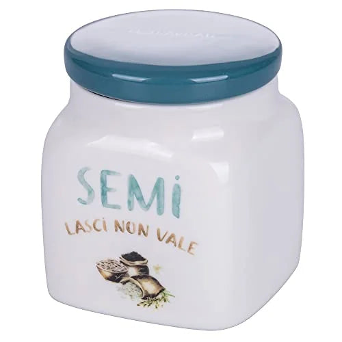 Villa d'Este Home Tivoli Barattolo Semi Le Travisate 500ml in new bone china bianco e blu con coperchio ottanio
